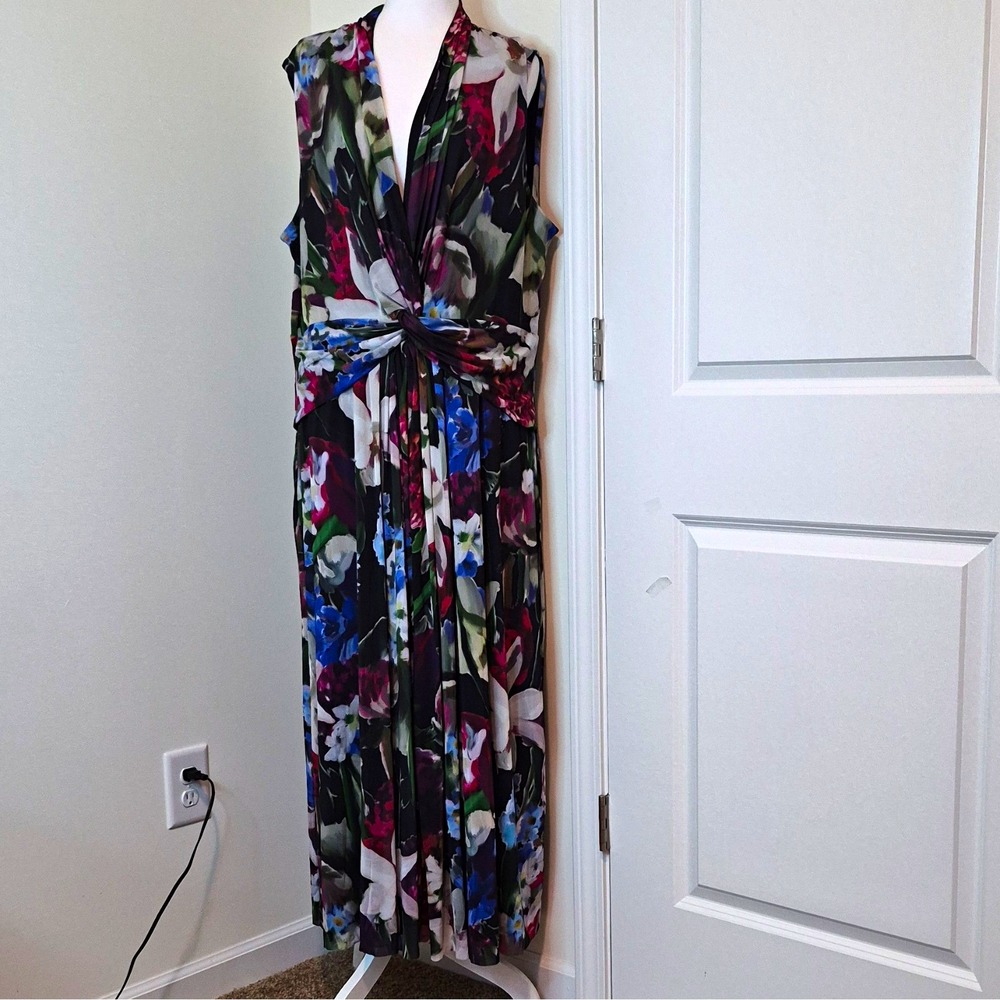 Anne Klein Multicolor Floral V-Neck Sleeveless Twist Lined Maxi Dress 20W